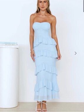 Hello Molly Strapless Sky Blue Ruffle Midi Dress